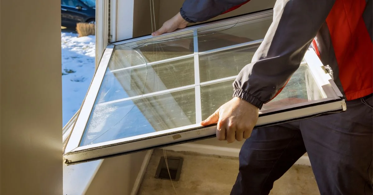 Worker replacing cracked window glass in winter conditions