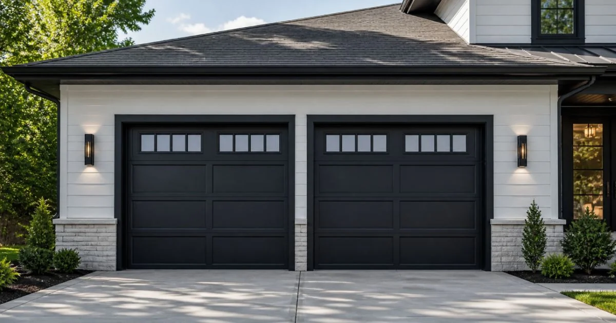 Modern black double garage doors on contemporary home