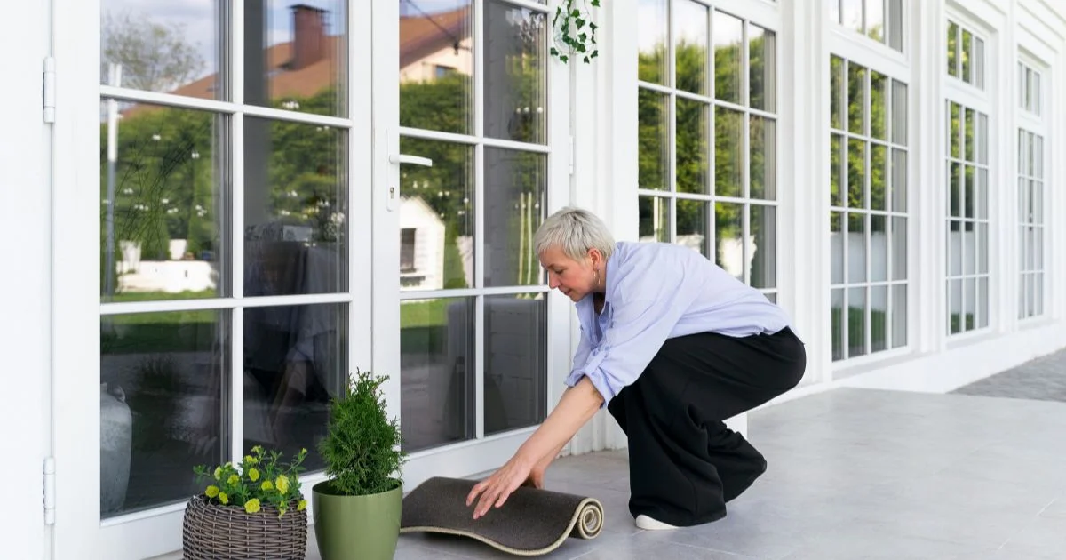 Woman placing a doormat outside large residential windows.