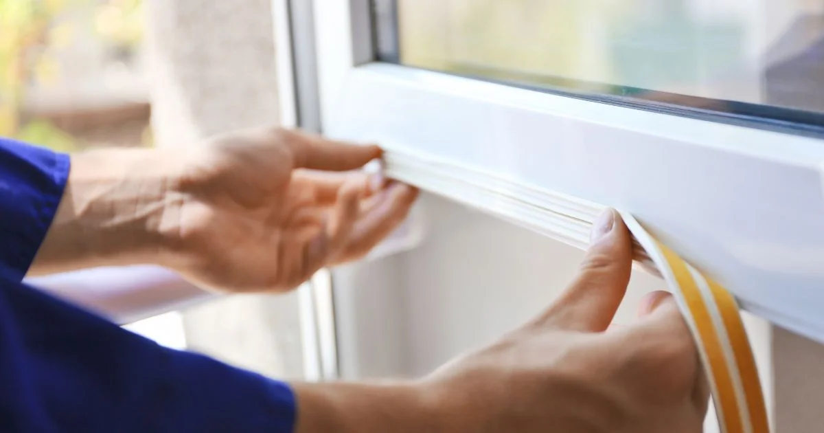 Applying weather sealing tape to a residential window frame.